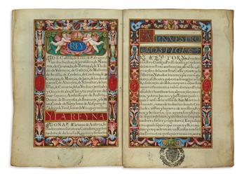 (MANUSCRIPT.)  Patent of nobility in favor of Antonio Muñoz de Castañeda. Illuminated manuscript in Spanish on vellum. 1674